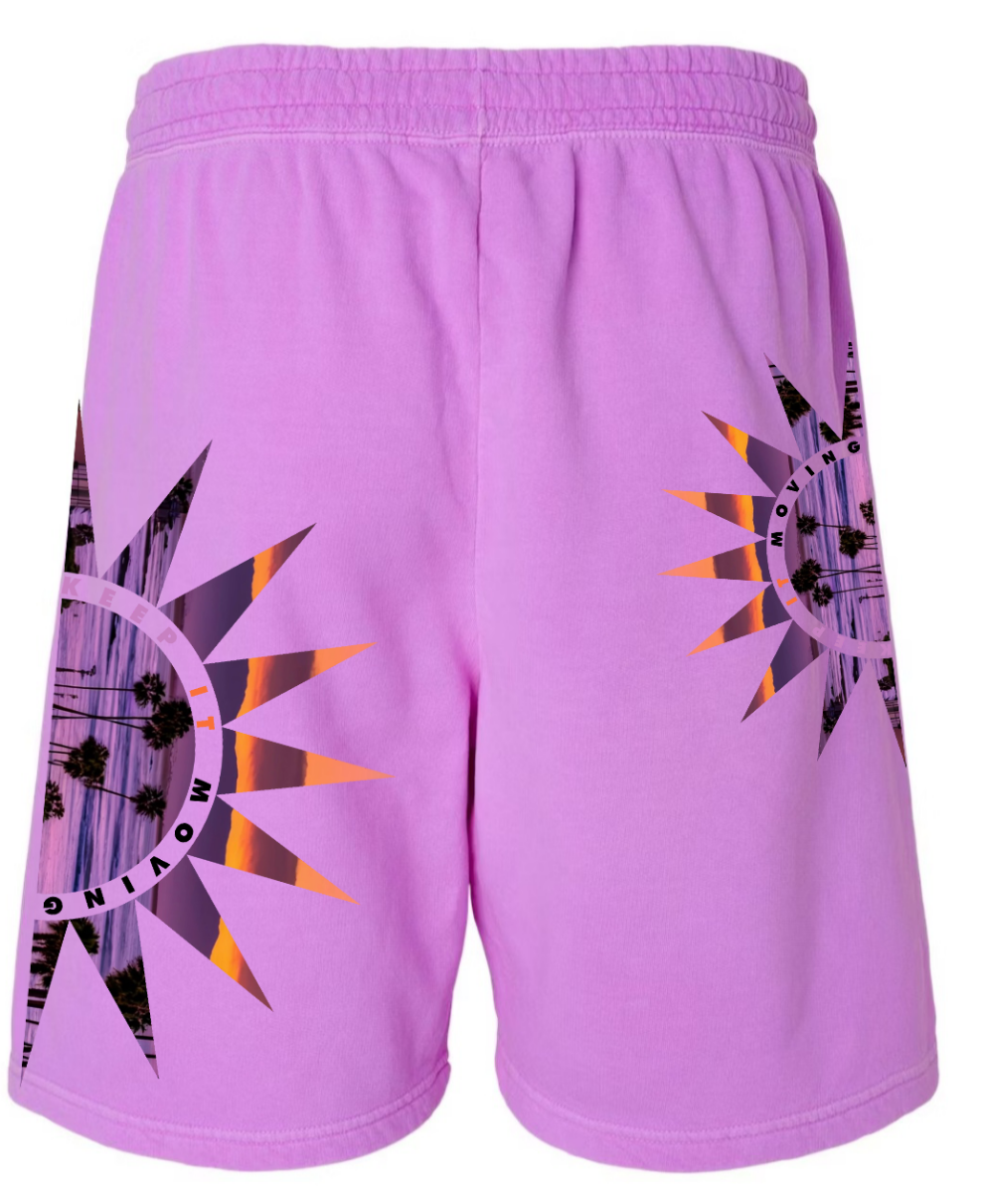 "KEEP IT MOVING" sunset garment dyed shorts