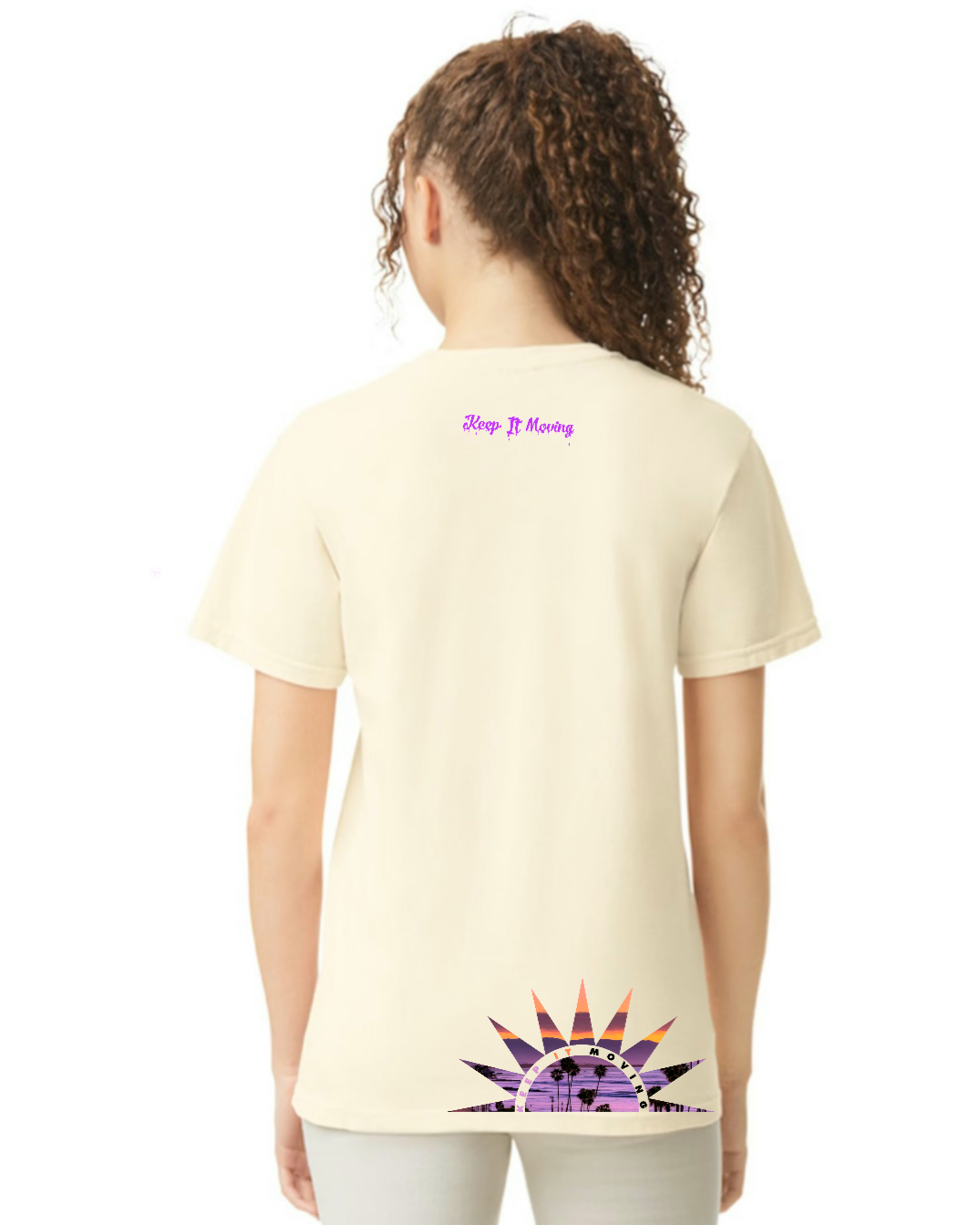 "KEEP IT MOVING" sunset garment dyed tee shirts