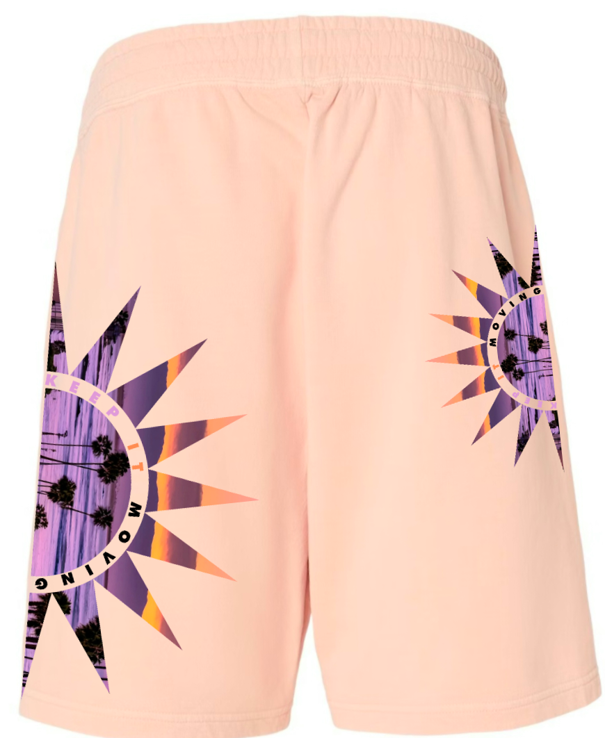 "KEEP IT MOVING" sunset garment dyed shorts
