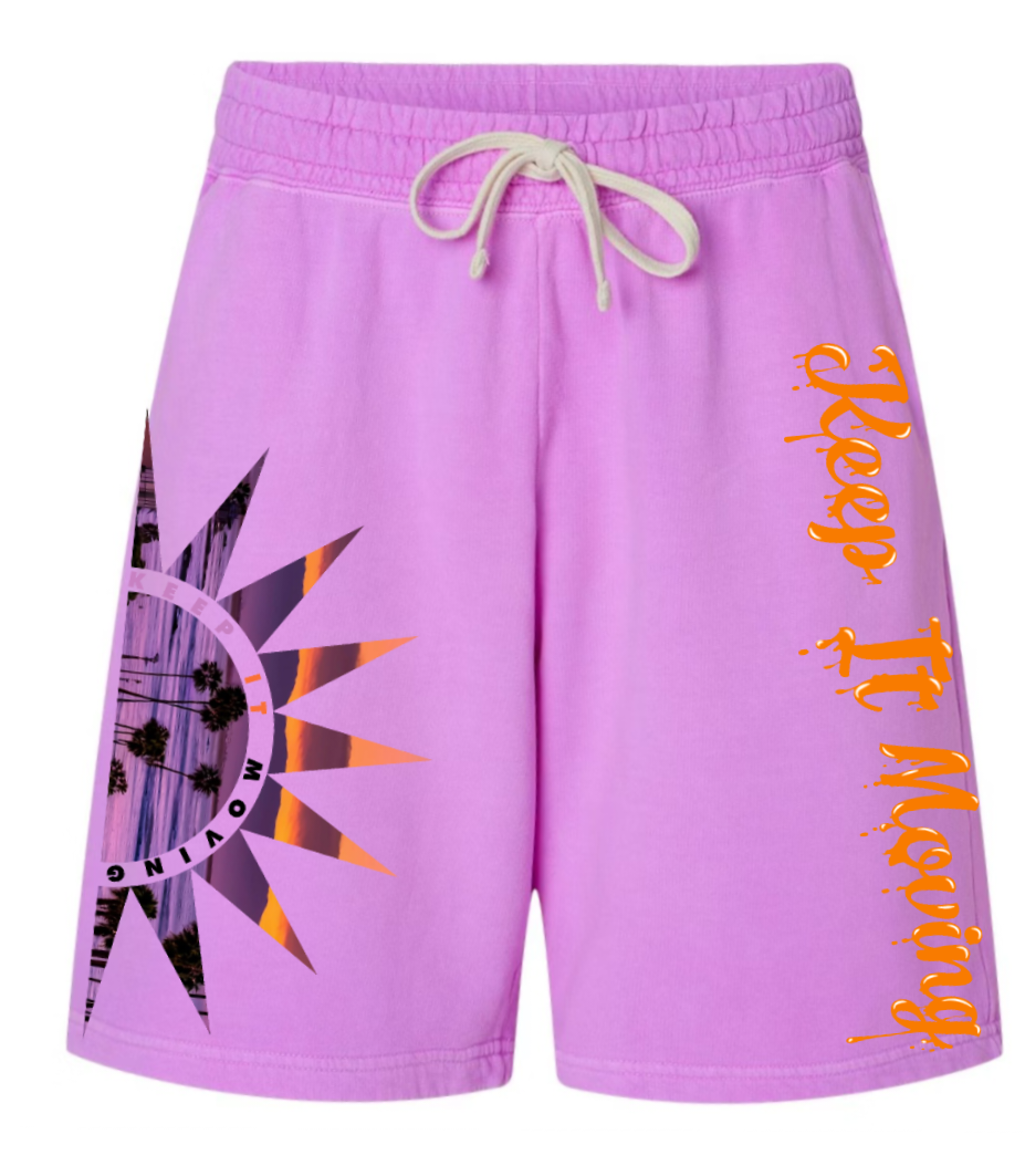 "KEEP IT MOVING" sunset garment dyed shorts
