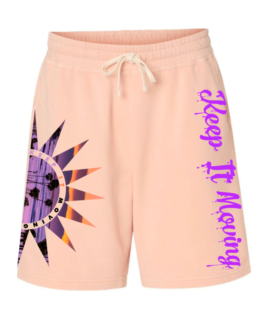 "KEEP IT MOVING" sunset garment dyed shorts