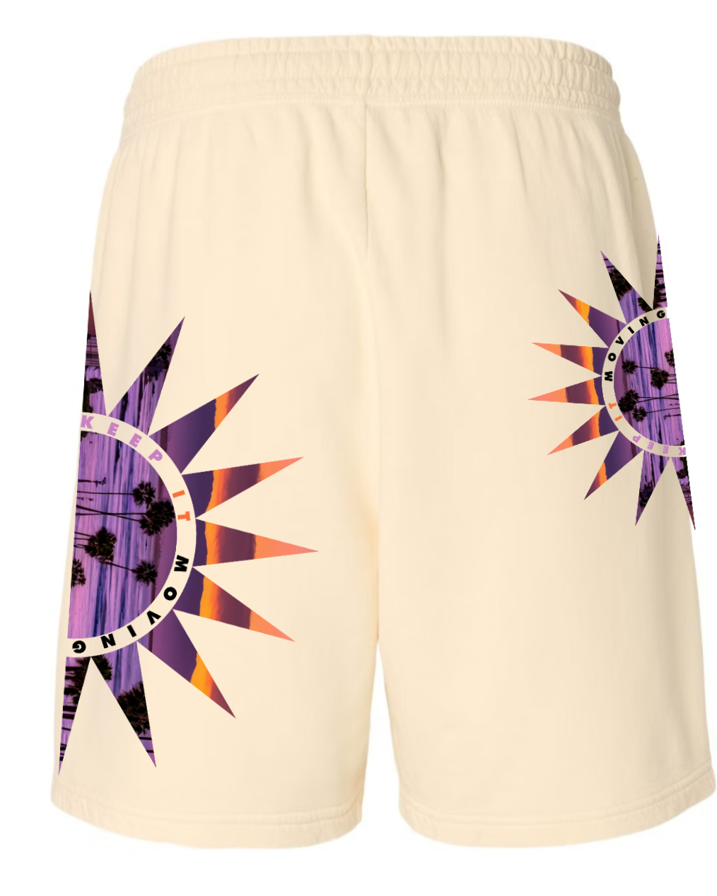 "KEEP IT MOVING" sunset garment dyed shorts