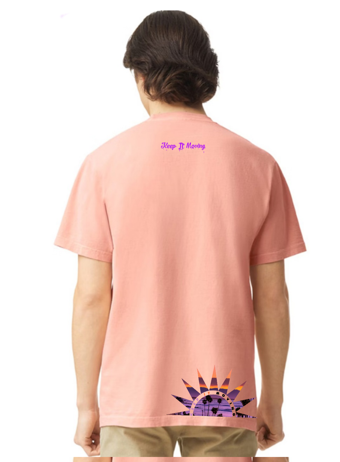 "KEEP IT MOVING" sunset garment dyed tee shirts