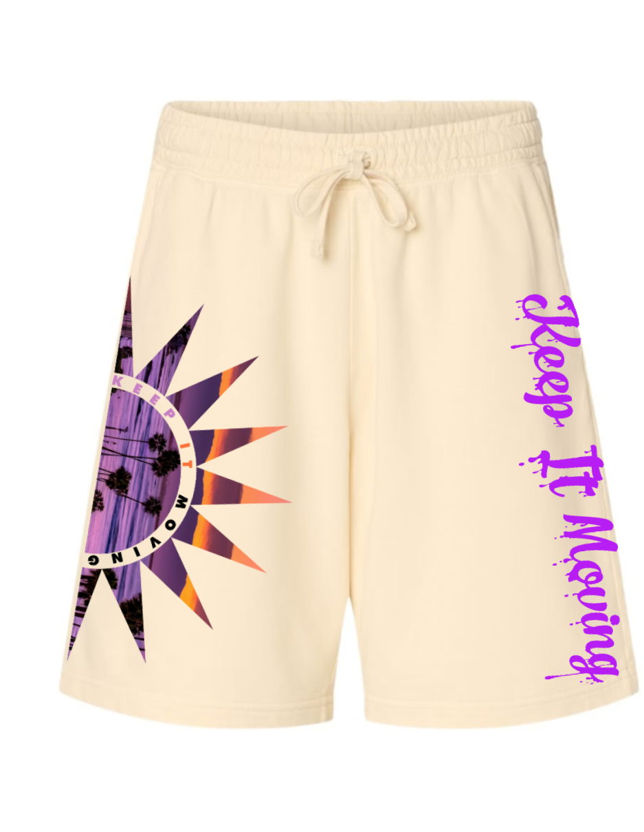 "KEEP IT MOVING" sunset garment dyed shorts